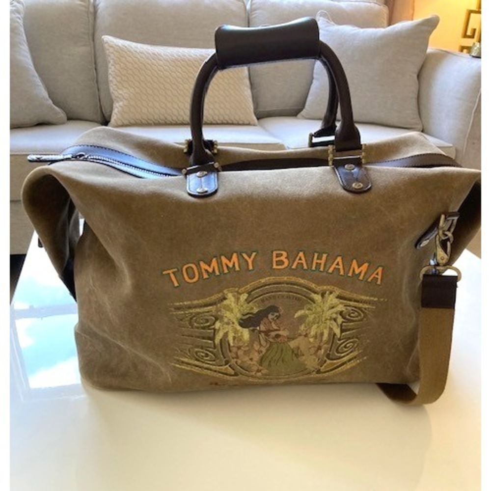 Tommy Bahama Travel Duffel Bag Embroidered Canvas Leather AUTHENTIC '92 Original